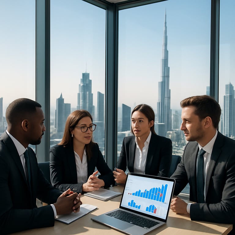 A modern business meeting in a glass office overlooking Dubais skyline with Burj Khalifa visible Professionals in suits are discussing growth strategies with digital charts and graphs displayed on a laptop screen-1