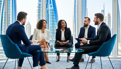 Business professionals in Dubai discussing strategy and technology solutions