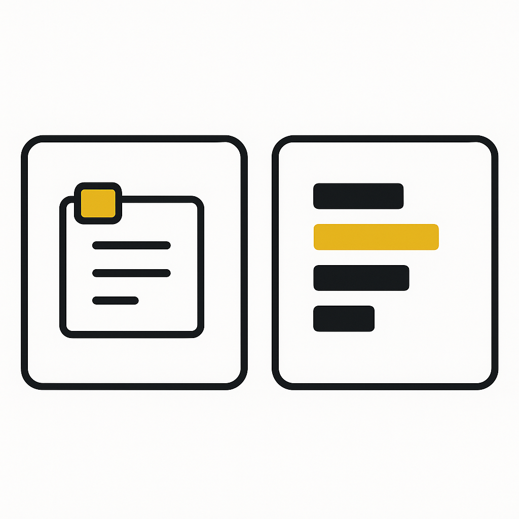 Two-panel thumbnail with ledger icon and small aging bars